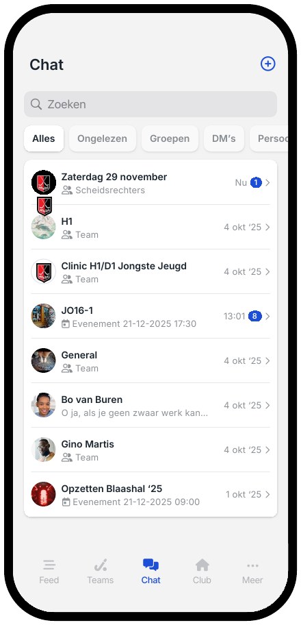 Lulu chat-overzicht in de clubapp met groepen en privéberichten