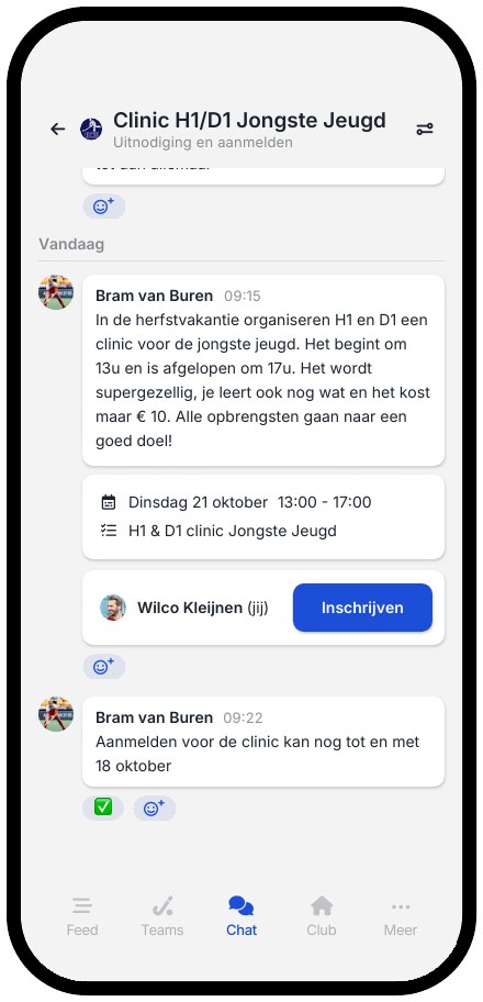 Event uit LISA met aanmeldknop in de clubapp